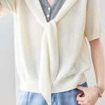 Casual Fake Two-Piece Tie Short Sleeve Knit Top - liwisi