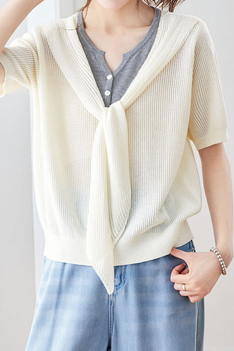 Casual Fake Two-Piece Tie Short Sleeve Knit Top - liwisi