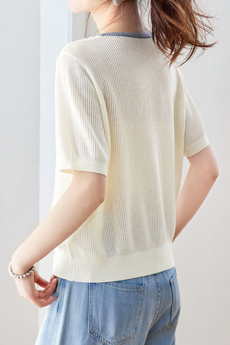 Casual Fake Two-Piece Tie Short Sleeve Knit Top - liwisi