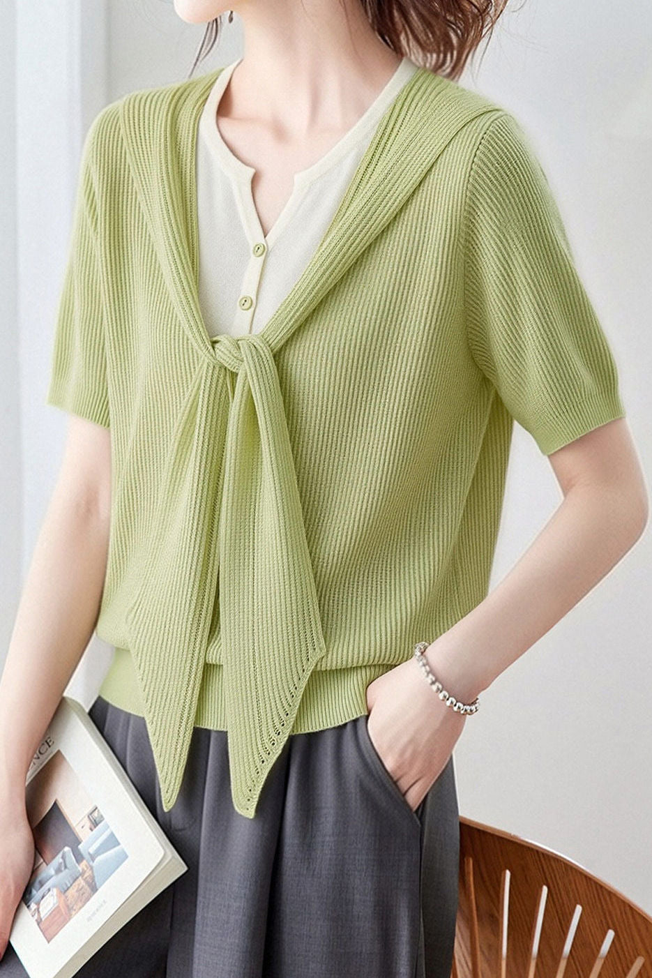Casual Fake Two-Piece Tie Short Sleeve Knit Top - liwisi