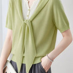 Casual Fake Two-Piece Tie Short Sleeve Knit Top - liwisi