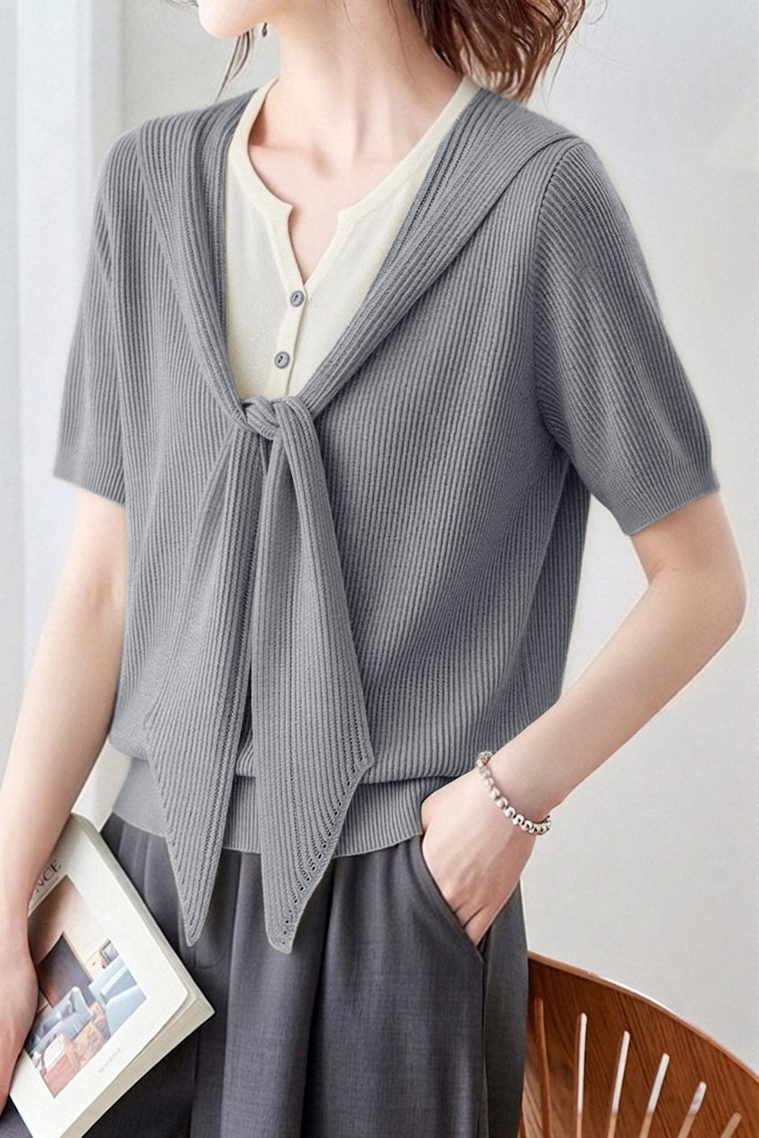 Casual Fake Two-Piece Tie Short Sleeve Knit Top - liwisi