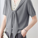 Casual Fake Two-Piece Tie Short Sleeve Knit Top - liwisi