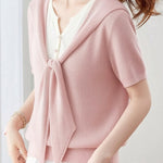 Casual Fake Two-Piece Tie Short Sleeve Knit Top - liwisi