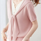 Casual Fake Two-Piece Tie Short Sleeve Knit Top - liwisi