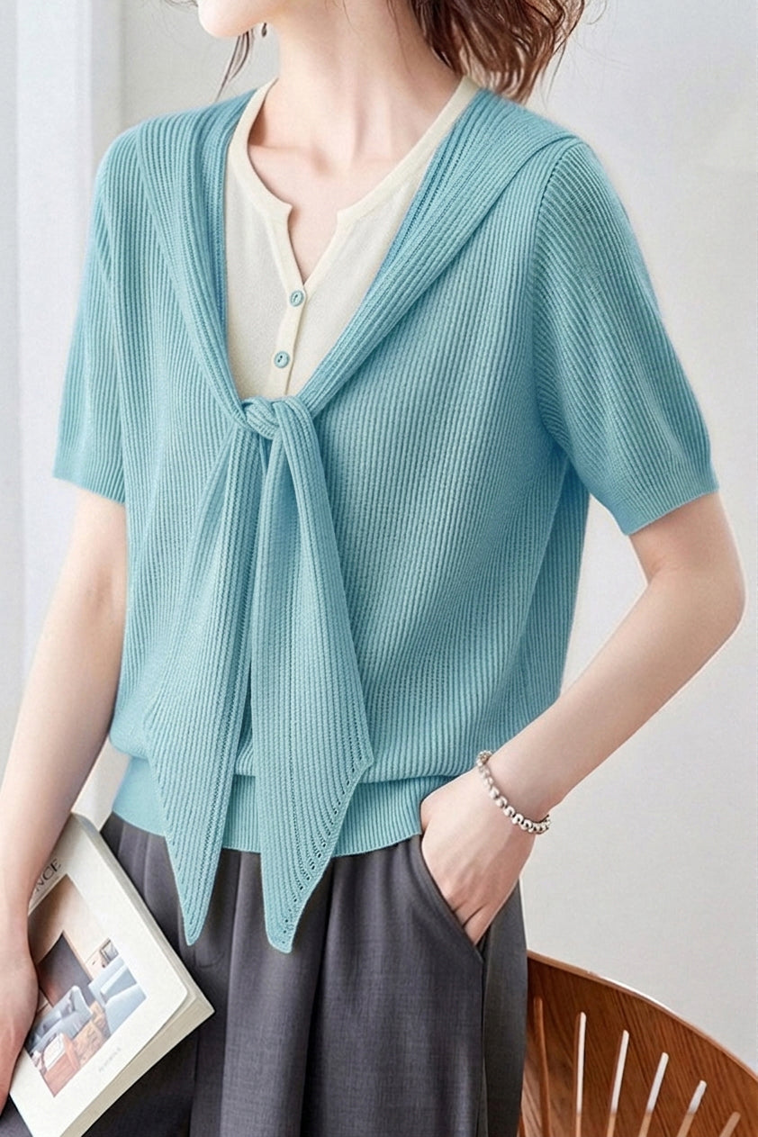 Casual Fake Two-Piece Tie Short Sleeve Knit Top - liwisi
