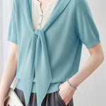 Casual Fake Two-Piece Tie Short Sleeve Knit Top - liwisi