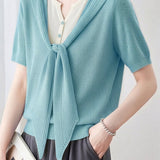 Casual Fake Two-Piece Tie Short Sleeve Knit Top - liwisi