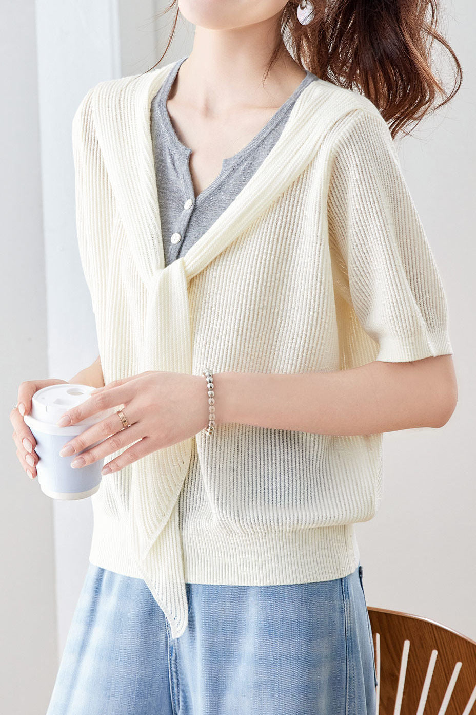 Casual Fake Two-Piece Tie Short Sleeve Knit Top - liwisi