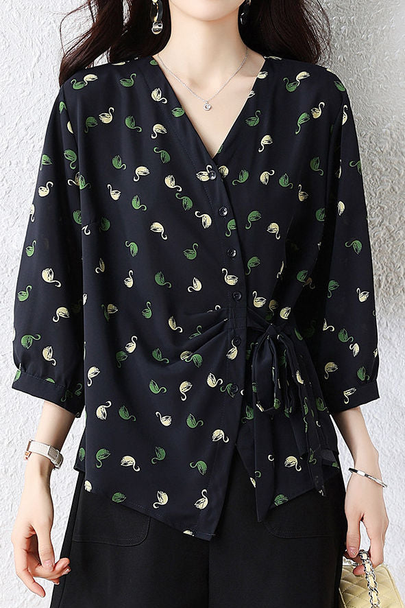 Temperament Little Swan Printed V-Neck Cardigan Shirt - liwisi