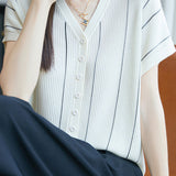 Casual V-Neck Fine Striped Short Sleeve Knit Top - liwisi