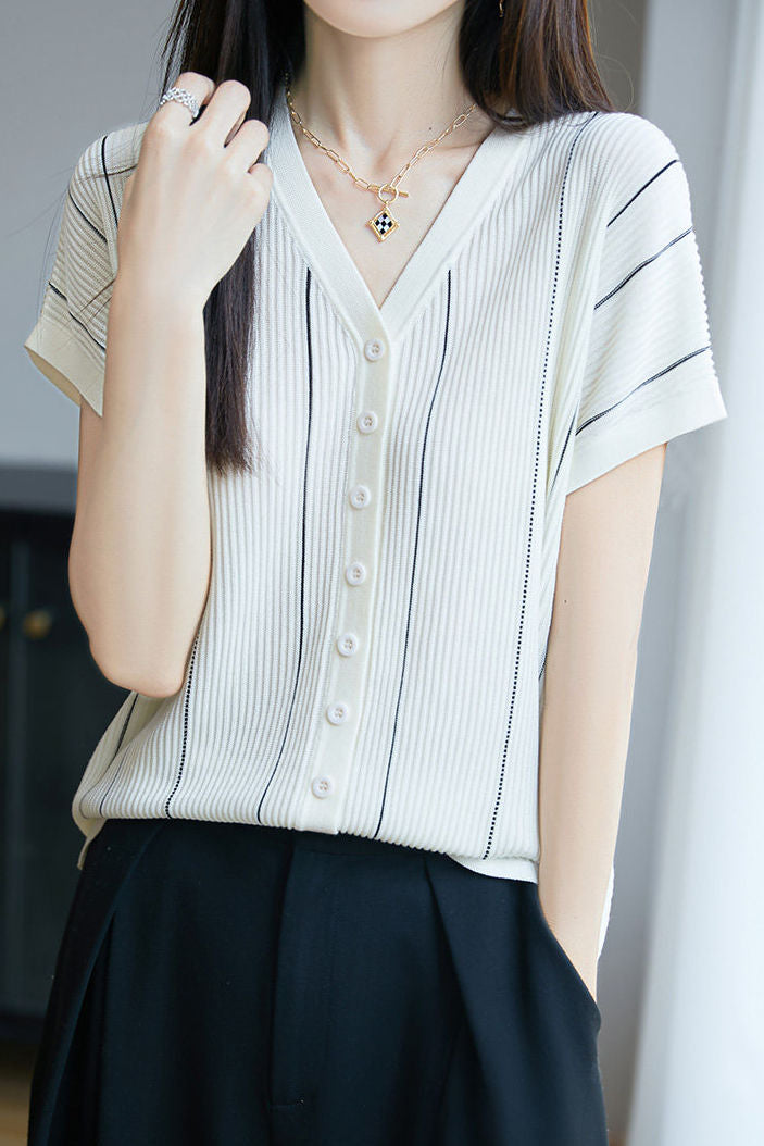 Casual V-Neck Fine Striped Short Sleeve Knit Top - liwisi