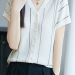 Casual V-Neck Fine Striped Short Sleeve Knit Top - liwisi