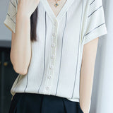 Casual V-Neck Fine Striped Short Sleeve Knit Top - liwisi