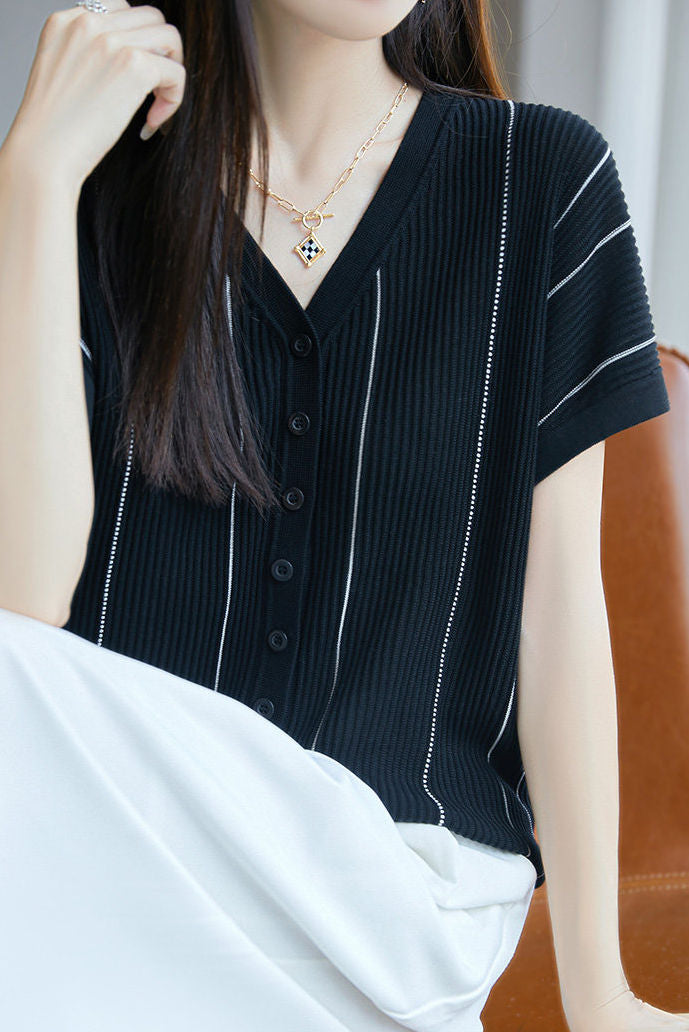 Casual V-Neck Fine Striped Short Sleeve Knit Top - liwisi
