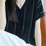 Casual V-Neck Fine Striped Short Sleeve Knit Top - liwisi