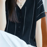 Casual V-Neck Fine Striped Short Sleeve Knit Top - liwisi