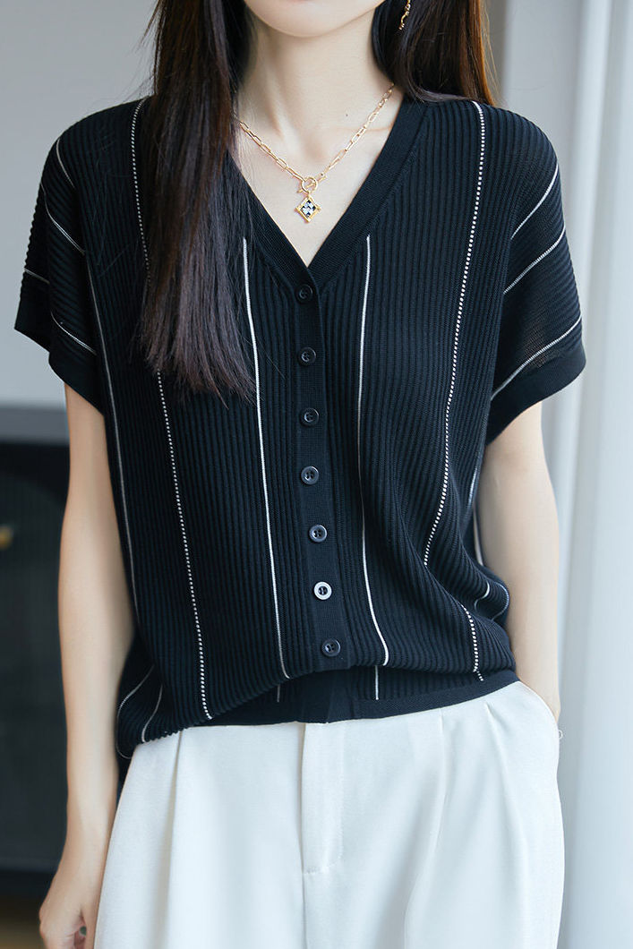 Casual V-Neck Fine Striped Short Sleeve Knit Top - liwisi