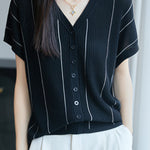 Casual V-Neck Fine Striped Short Sleeve Knit Top - liwisi