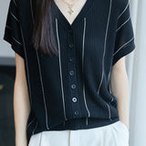 Casual V-Neck Fine Striped Short Sleeve Knit Top - liwisi
