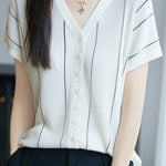 Casual V-Neck Fine Striped Short Sleeve Knit Top - liwisi