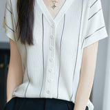 Casual V-Neck Fine Striped Short Sleeve Knit Top - liwisi