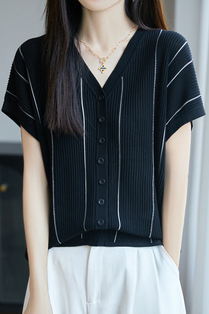 Casual V-Neck Fine Striped Short Sleeve Knit Top - liwisi