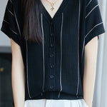 Casual V-Neck Fine Striped Short Sleeve Knit Top - liwisi