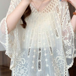 French V-Neck Crochet Hollow Lace Batwing Sleeve Blouse - liwisi