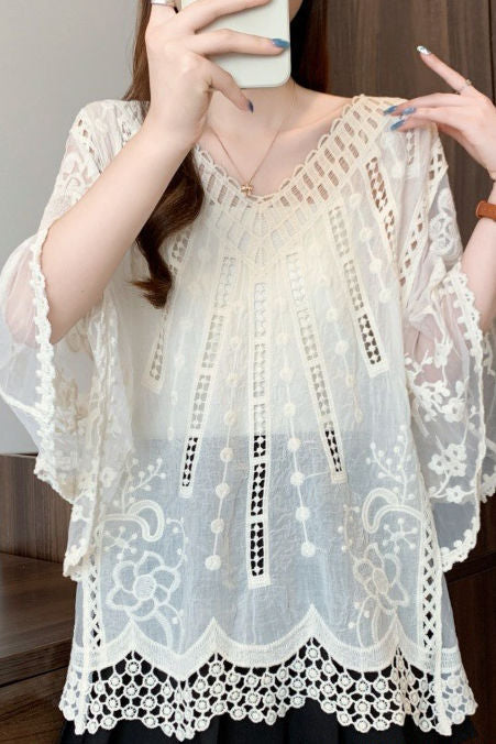 French V-Neck Crochet Hollow Lace Batwing Sleeve Blouse - liwisi