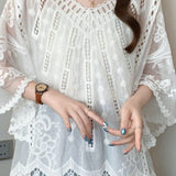 French V-Neck Crochet Hollow Lace Batwing Sleeve Blouse - liwisi