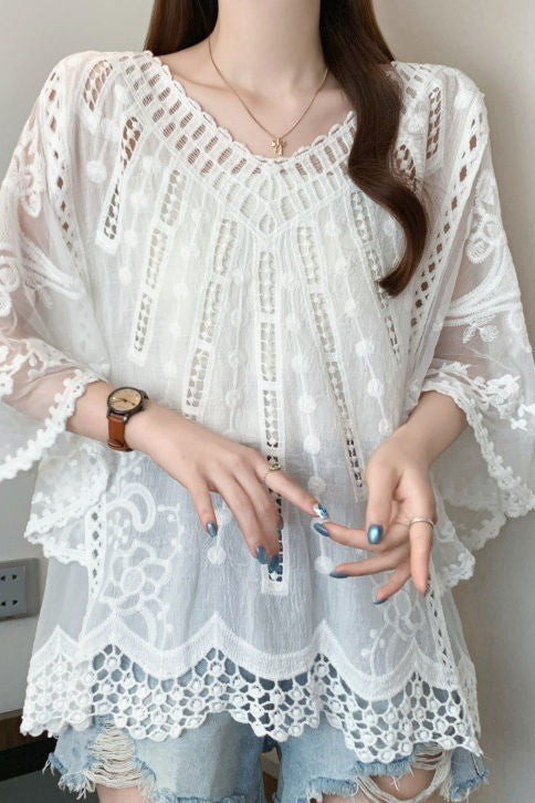 French V-Neck Crochet Hollow Lace Batwing Sleeve Blouse - liwisi