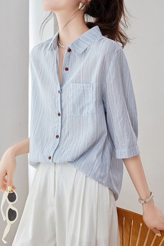 Casual Pure Cotton Ribbed Short Sleeve Shirt - liwisi