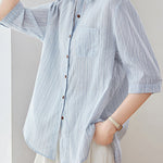 Casual Pure Cotton Ribbed Short Sleeve Shirt - liwisi