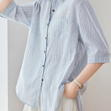 Casual Pure Cotton Ribbed Short Sleeve Shirt - liwisi