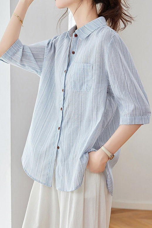 Casual Pure Cotton Ribbed Short Sleeve Shirt - liwisi