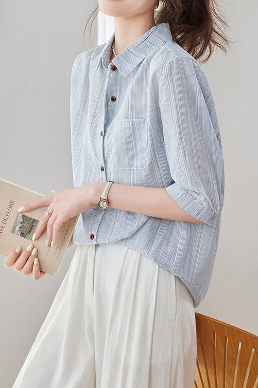 Casual Pure Cotton Ribbed Short Sleeve Shirt - liwisi