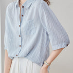 Casual Pure Cotton Ribbed Short Sleeve Shirt - liwisi