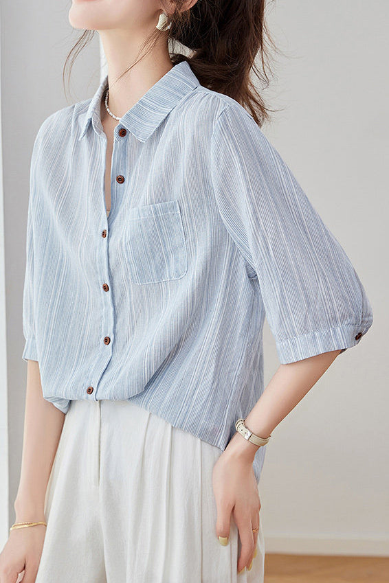 Casual Pure Cotton Ribbed Short Sleeve Shirt - liwisi