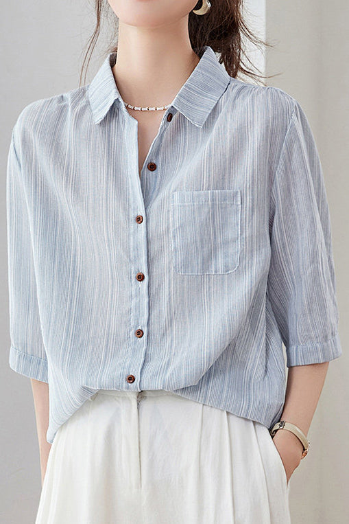 Casual Pure Cotton Ribbed Short Sleeve Shirt - liwisi