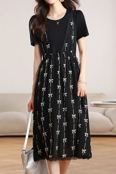 Elegant Printed Fake Two-Piece Waisted Dress - liwisi