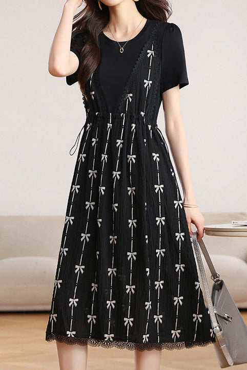 Elegant Printed Fake Two-Piece Waisted Dress - liwisi