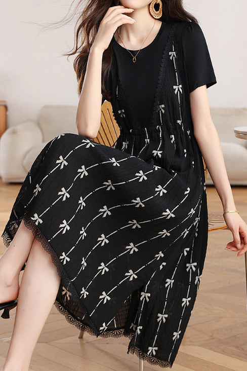 Elegant Printed Fake Two-Piece Waisted Dress - liwisi