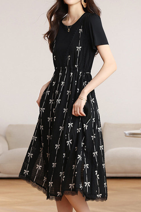Elegant Printed Fake Two-Piece Waisted Dress - liwisi