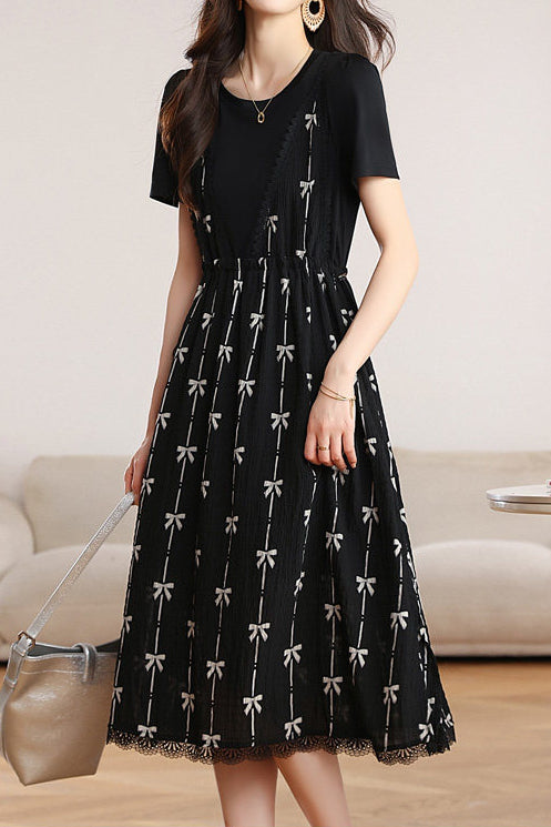 Elegant Printed Fake Two-Piece Waisted Dress - liwisi