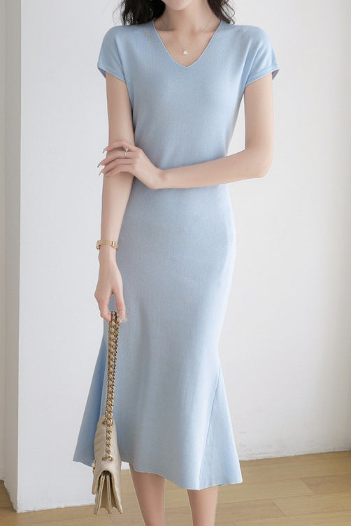Elegant V-Neck Knit Mermaid Long Dress - liwisi