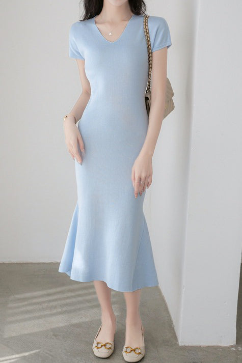 Elegant V-Neck Knit Mermaid Long Dress - liwisi