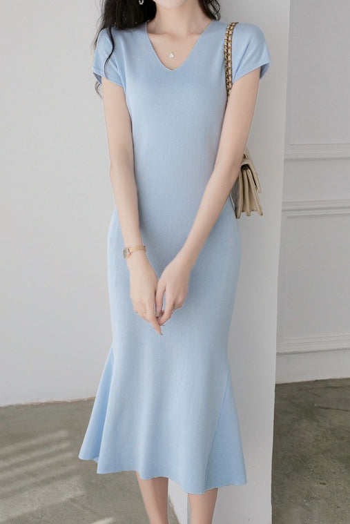 Elegant V-Neck Knit Mermaid Long Dress - liwisi