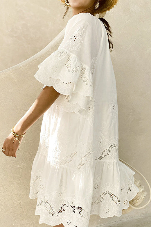 Casual Hip Collar Tie Embroidered Dress - liwisi