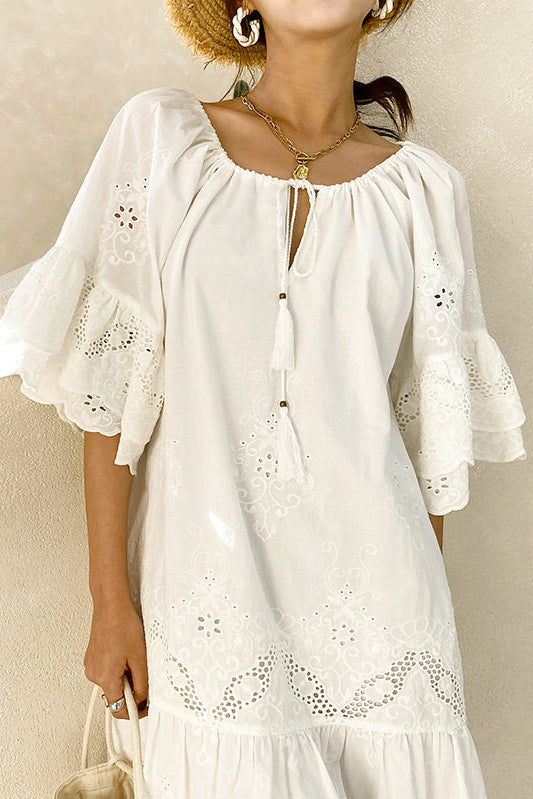 Casual Hip Collar Tie Embroidered Dress - liwisi